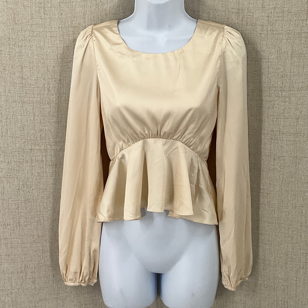 Idem Ditto Peplum Top Women Small Beige Satin Open Back Puff Sleeve Boho Classic